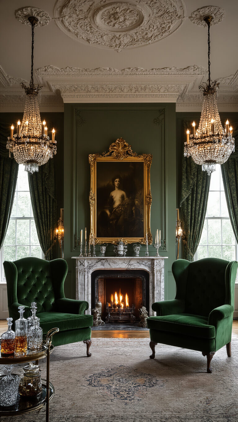 Victorian living room with ornate ceiling, vintage chandeliers, green velvet chairs by marble fireplace, antique mirrors, oil paintings, crystal decanters on bar cart, and dramatic damask drapes, captured with moody low-angle lighting.