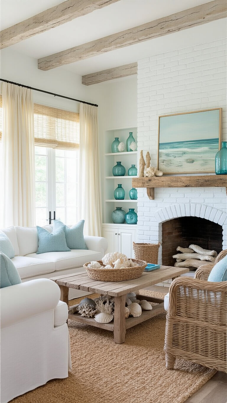 Cozy coastal living room with white brick fireplace, cream slipcovered sofa, seagrass chairs, and beach-themed decor in seafoam, sand, and pale blue tones.
