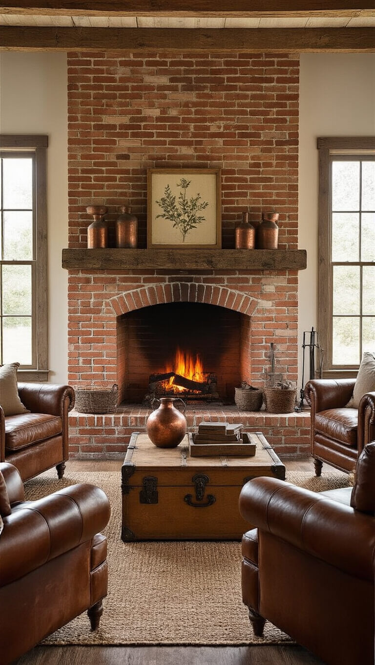 Cozy farmhouse family room with reclaimed brick fireplace, leather chairs, vintage trunk table, and warm golden hour lighting.