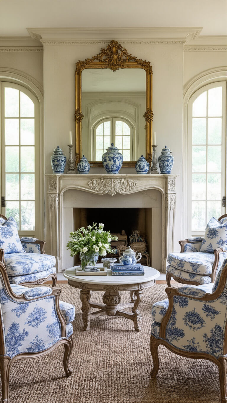 French Country sitting room with limestone fireplace, blue toile Bergère chairs, marble side table, antique mirror, and gilded accents in soft morning light.
