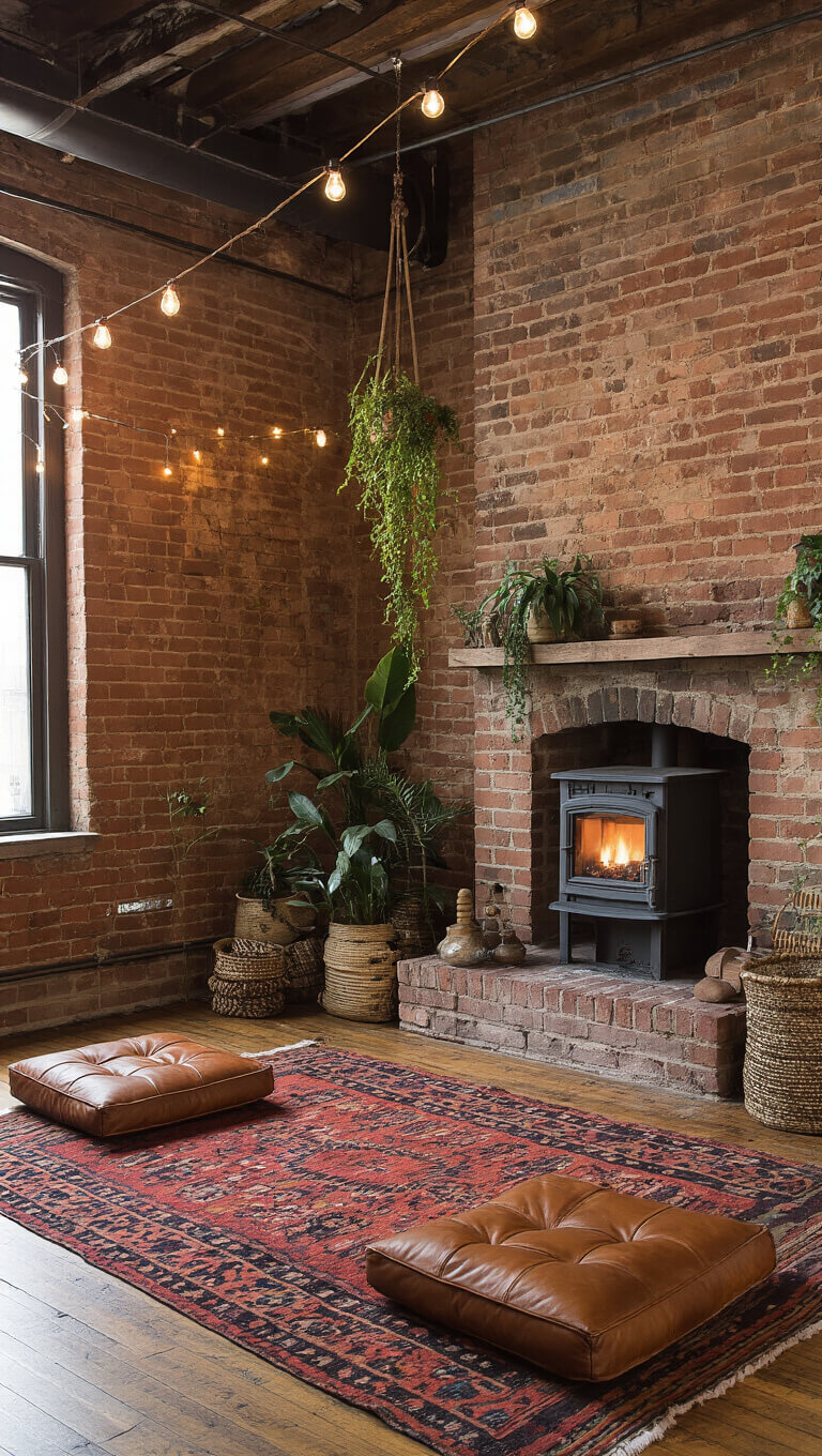 High-angle view of a bohemian studio loft with exposed brick fireplace, string lights, low leather cushions, Moroccan rug, hanging plants, and eclectic global decor in warm jewel tones.