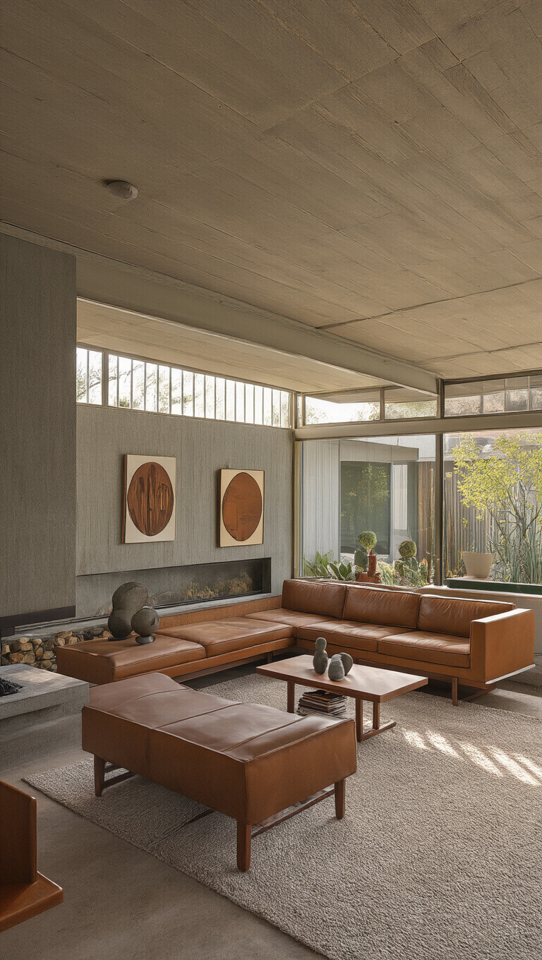 Mid-century desert modern interior with floating concrete fireplace, low leather sectional, geometric art, and desert plants in warm natural light.
