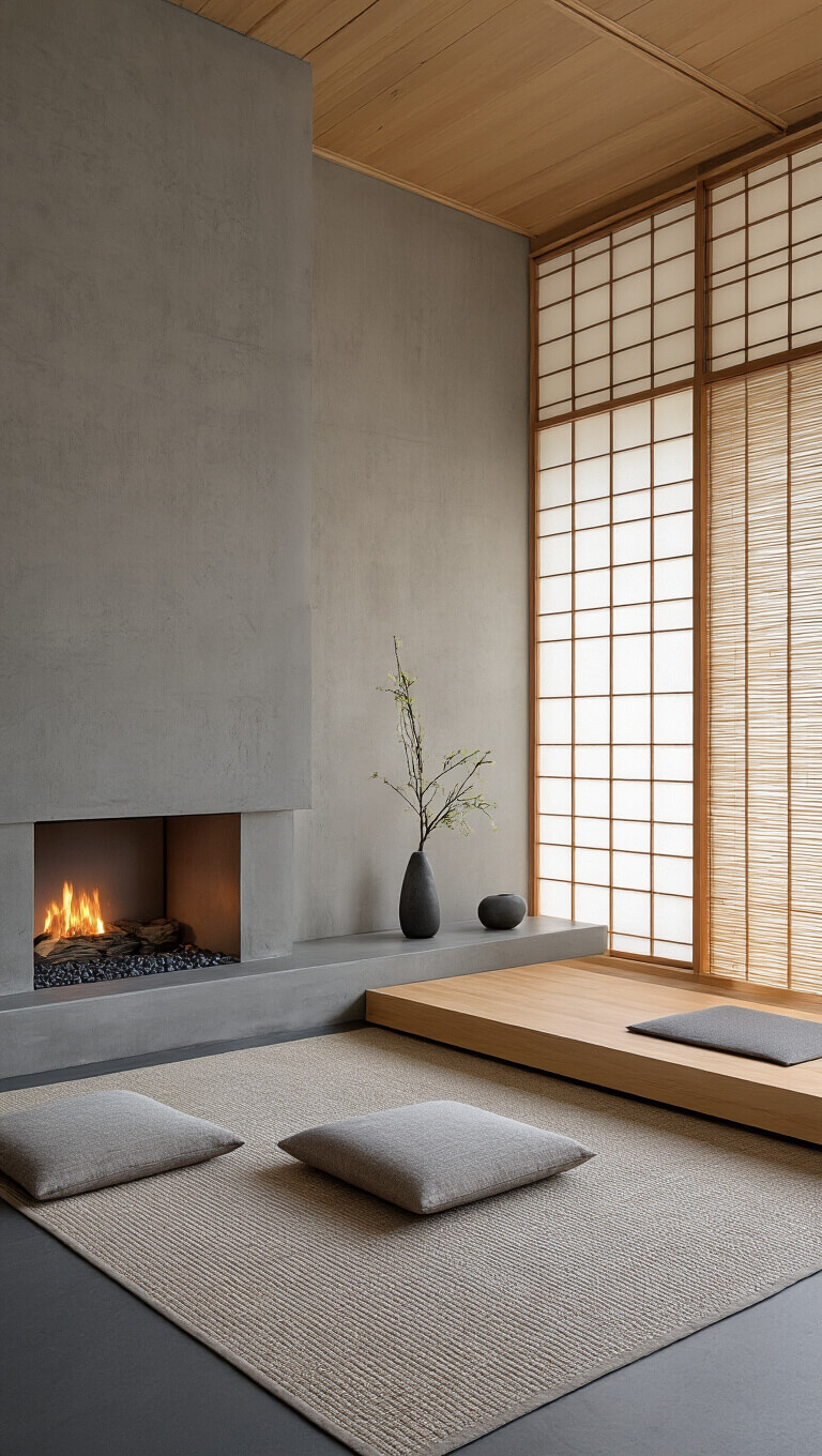 Serene Japanese Zen Den with minimalist concrete fireplace, dawn light filtering through rice paper screens, floor cushions, low wooden platform, ikebana arrangement, stone sculptures, and bamboo screens in warm grey and natural wood tones.