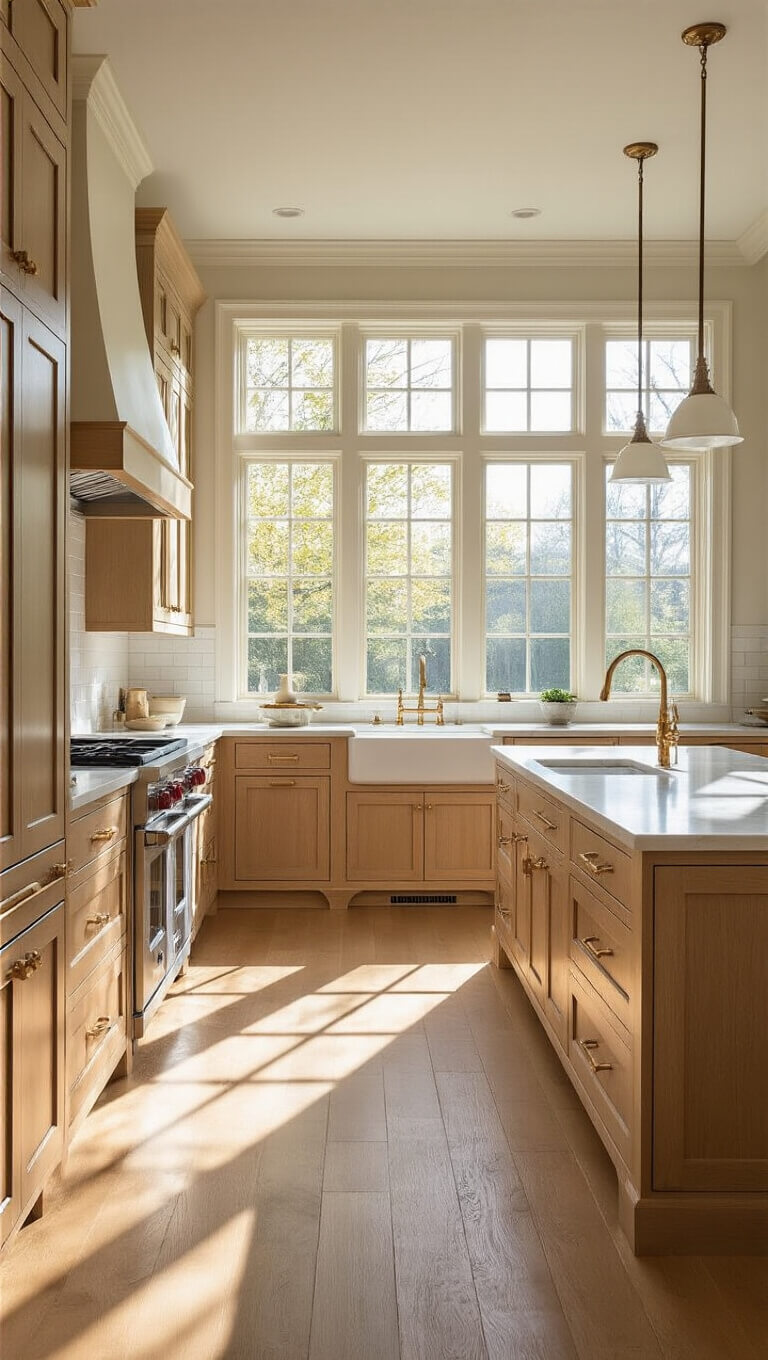Bright 12x15ft kitchen with Pale Oak shaker cabinets, quartzite island, brass hardware, subway tile backsplash, and sunlit hardwood floors.