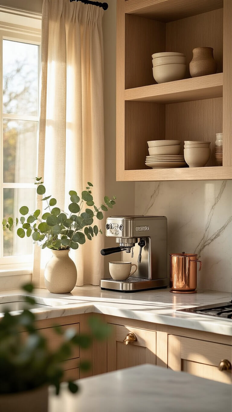Golden hour kitchen vignette with Pale Oak cabinets, marble countertops, styled coffee station with copper accents, and eucalyptus; sheer curtains filter sunlight, casting soft shadows; artisanal ceramics on open shelves.