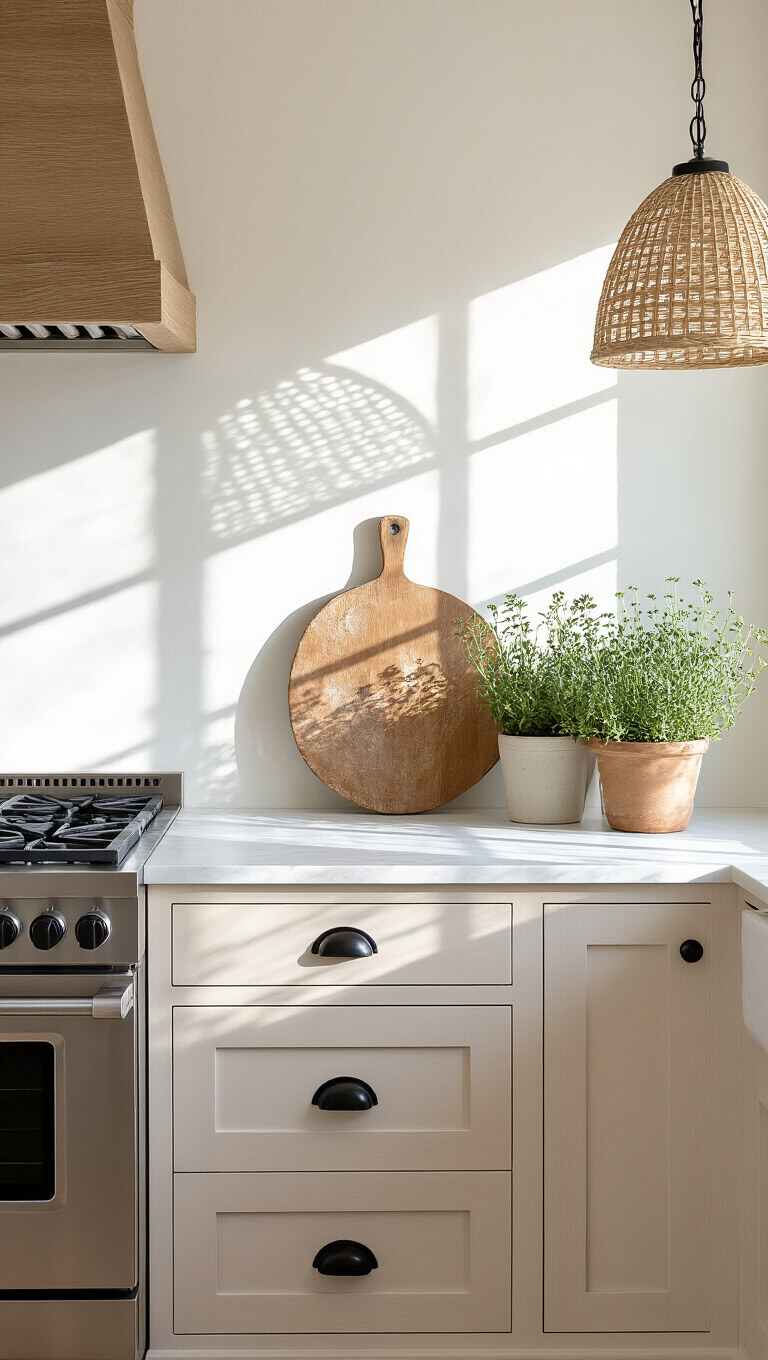 Modern farmhouse kitchen with Pale Oak cabinets, matte black pulls, vintage bread board, and potted herbs, softly lit by morning sun through woven pendant shadows.