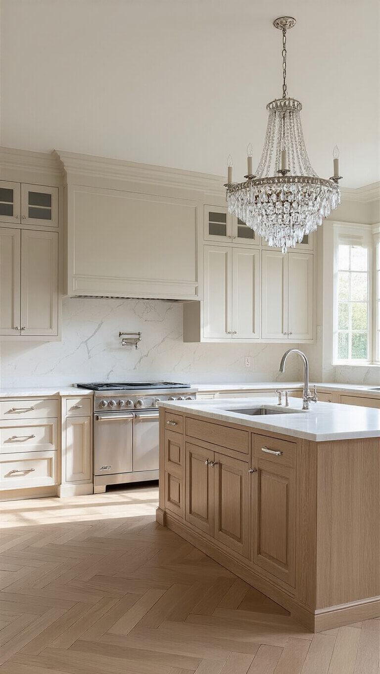 Transitional L-shaped kitchen with Pale Oak ceiling-height cabinets, marble island under crystal chandelier, polished nickel fixtures, and herringbone white oak flooring in afternoon light.