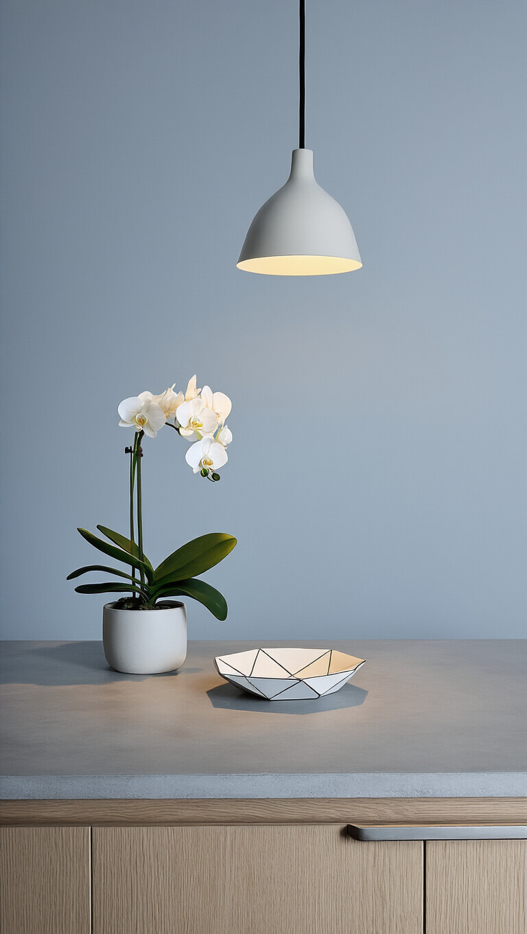 Minimalist kitchen close-up with pale oak cabinets, concrete countertop, and single pendant light casting shadows during blue hour.