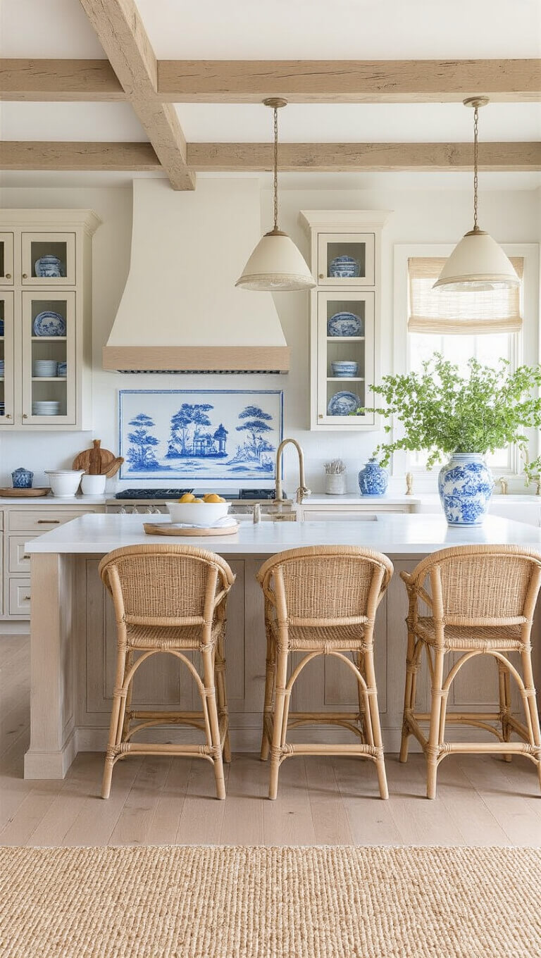 Coastal kitchen with Pale Oak cabinets, glass uppers showing blue and white china, rattan stools at quartz island, seagrass rug, and whitewashed ceiling beams.