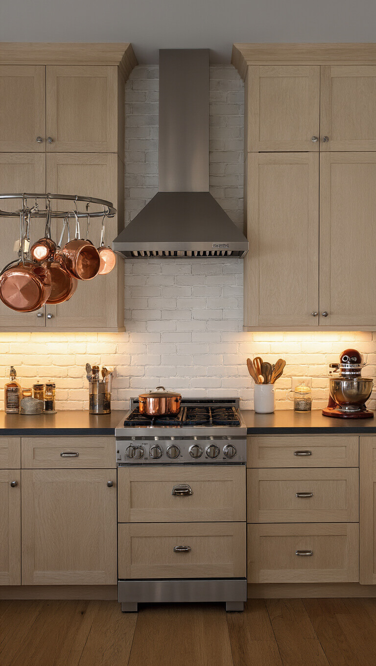 Professional kitchen at dusk with pale oak cabinets, stainless appliances, white exposed brick wall, copper cookware, and warm under-cabinet lighting.