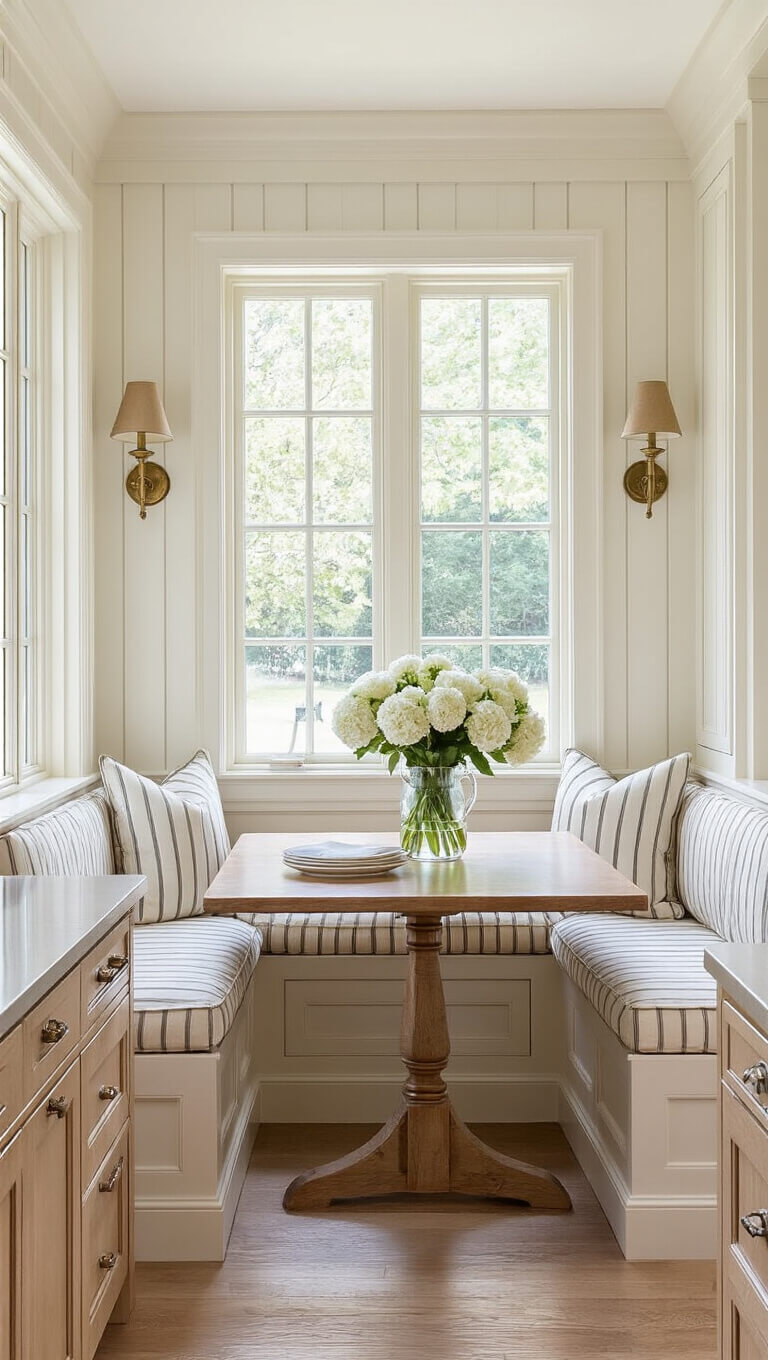 Traditional kitchen breakfast nook with Pale Oak cabinets, built-in bench seating, striped cushions, antique brass sconces, and fresh peonies in a mercury glass vase, lit by morning light.