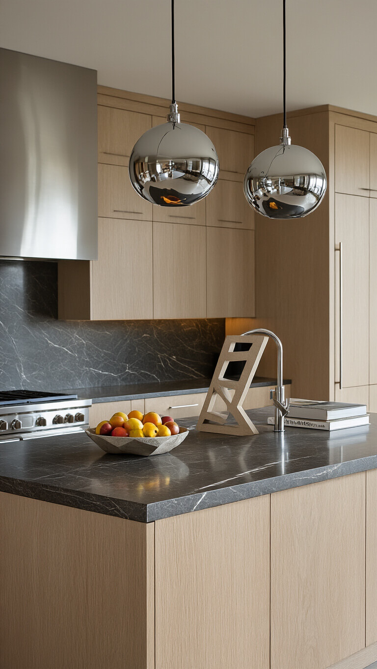 Contemporary kitchen island with Pale Oak cabinets, dark veined quartzite countertop, chrome pendant lights, geometric fruit bowl, and cookbook holder, viewed from above at an angle in soft afternoon light.