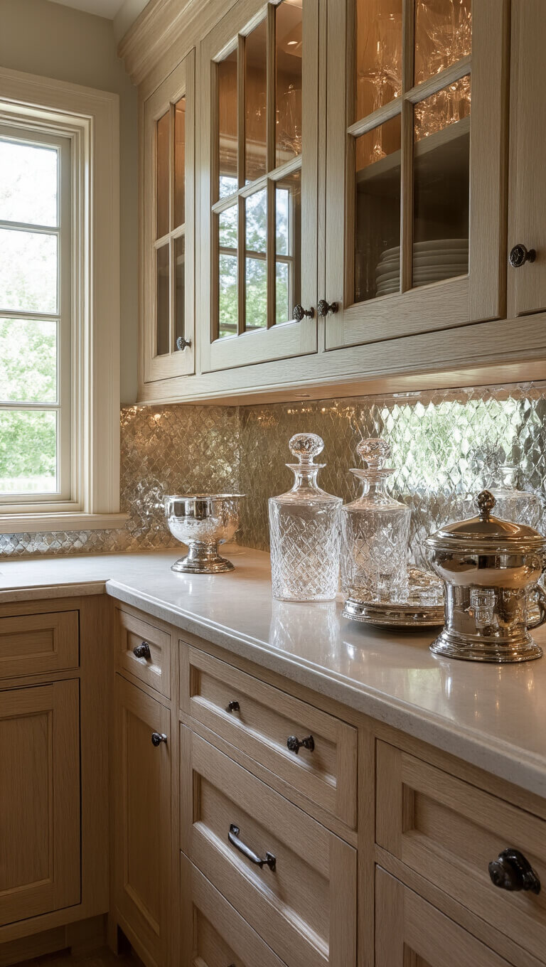 Close-up of Butler's pantry with Pale Oak glass-door cabinetry, crystal decanters, antiqued mirror backsplash, and silver serving pieces on display.