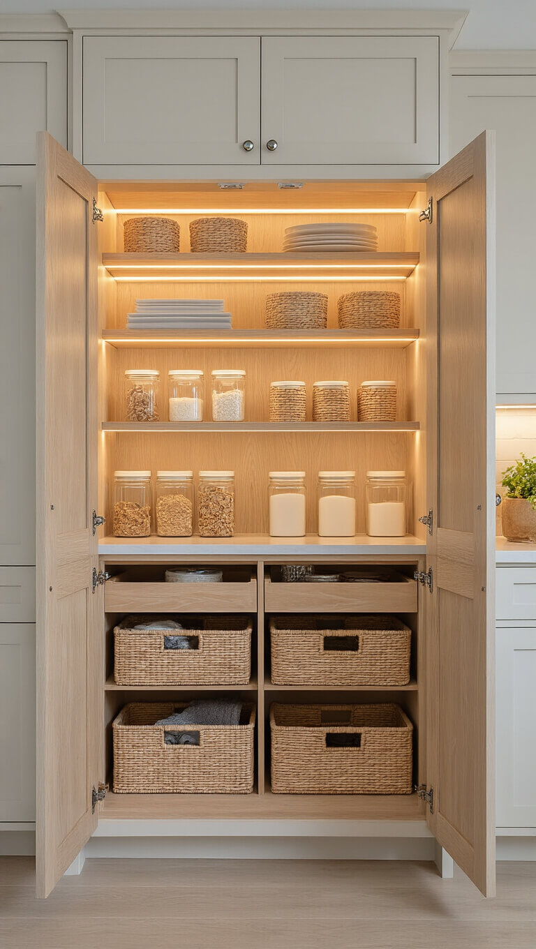 Organized evening kitchen with open Pale Oak pantry, warm LED lighting, woven baskets, and clear storage containers.