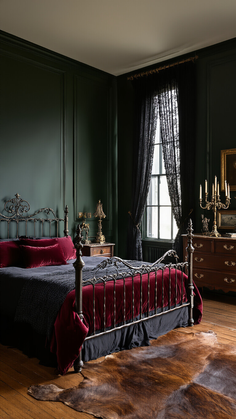 Victorian-style bedroom at dusk with wrought-iron bed, oxblood velvet bedding, black lace curtains, mahogany dresser, bronze candelabra, and cowhide rug on hardwood floor.