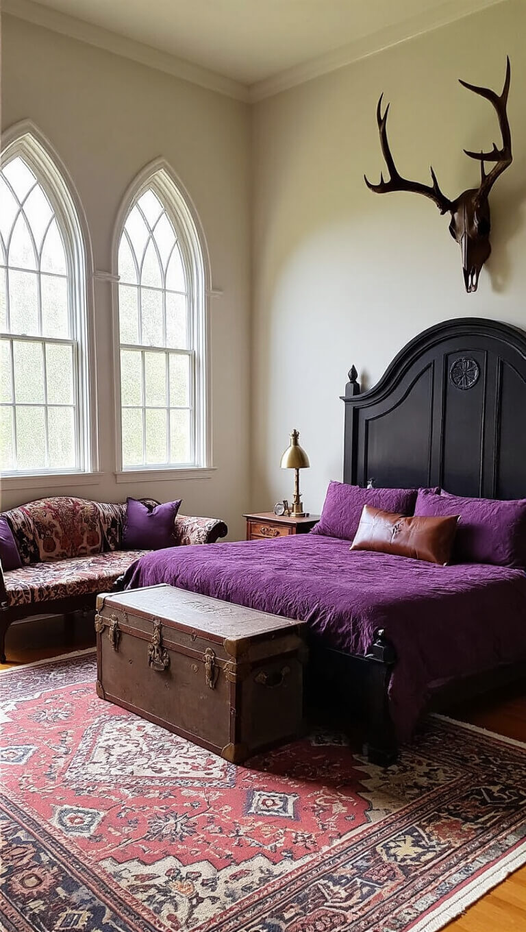 Gothic-style bedroom with carved dark wood bed, plum damask bedding, antique trunk nightstand, Victorian fainting couch, and mounted antlers in warm morning light.