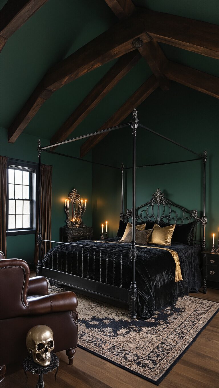 Wide-angle view of moody 16x20ft bedroom at twilight with black canopy bed, gothic sconces, tarnished silver mirror, vaulted ceiling with wooden beams, and emerald walls.