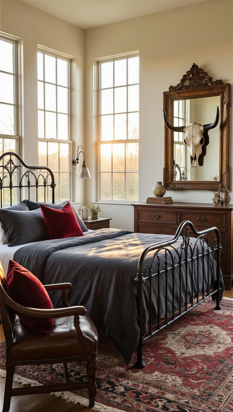Late afternoon sunlight casts dramatic shadows across a 15x17ft bedroom with a Gothic wrought-iron bed, charcoal linens, red pillows, a carved dresser with mirror, and cow skull art above a vintage leather chair.