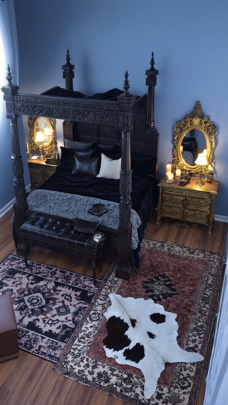 Bird’s eye view of a dimly lit bedroom with a carved four-poster bed, black velvet and leather bedding, antique brass vanity with gothic mirror, Navajo and cowhide rugs, and candlelit accents in pre-dawn blue light.