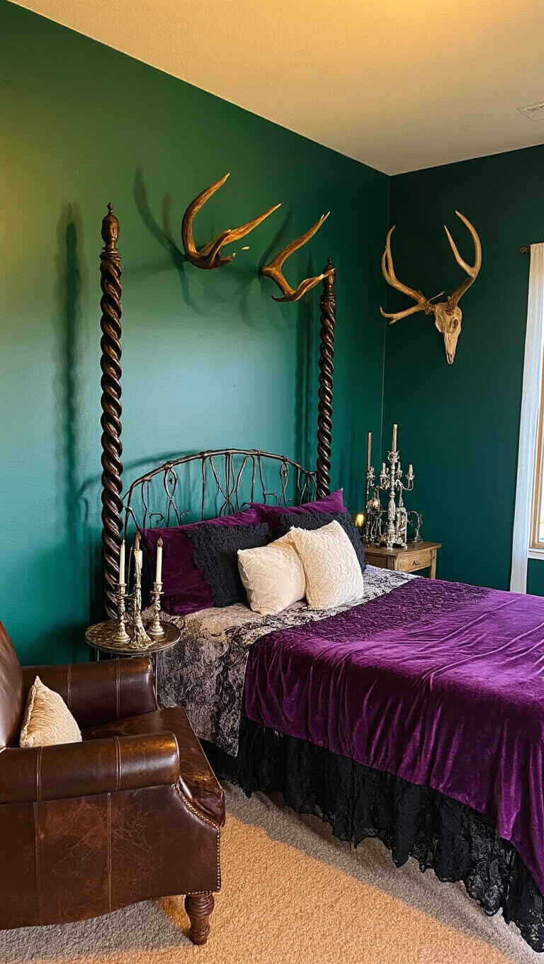 Sunset-lit bedroom corner with iron bed in deep purple velvet, leather armchair, antique table with silver candelabra, antlers on emerald walls casting shadows.