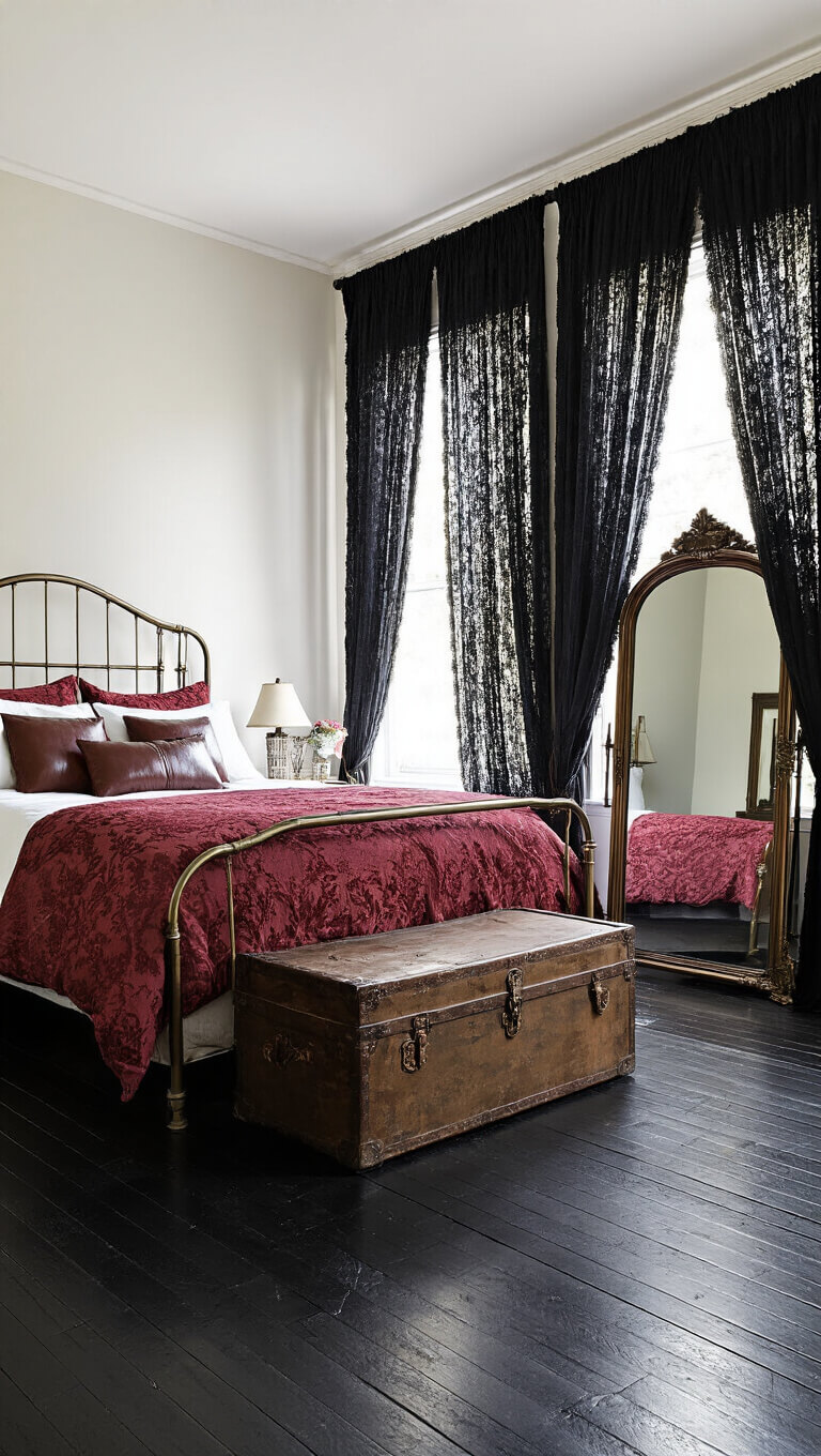 Victorian bedroom with bronze bed, oxblood pillows, lace-curtained window light, ornate mirror, and vintage trunk on dark wood floors.