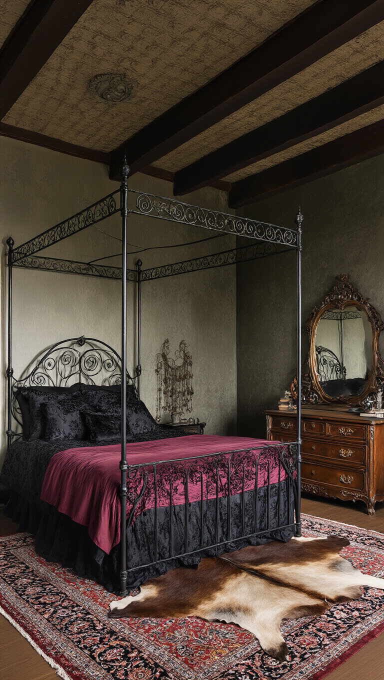 Victorian-style bedroom at dawn with wrought-iron canopy bed, burgundy and black bedding, vintage dresser, cowhide over Persian rug, and soft mixed lighting.