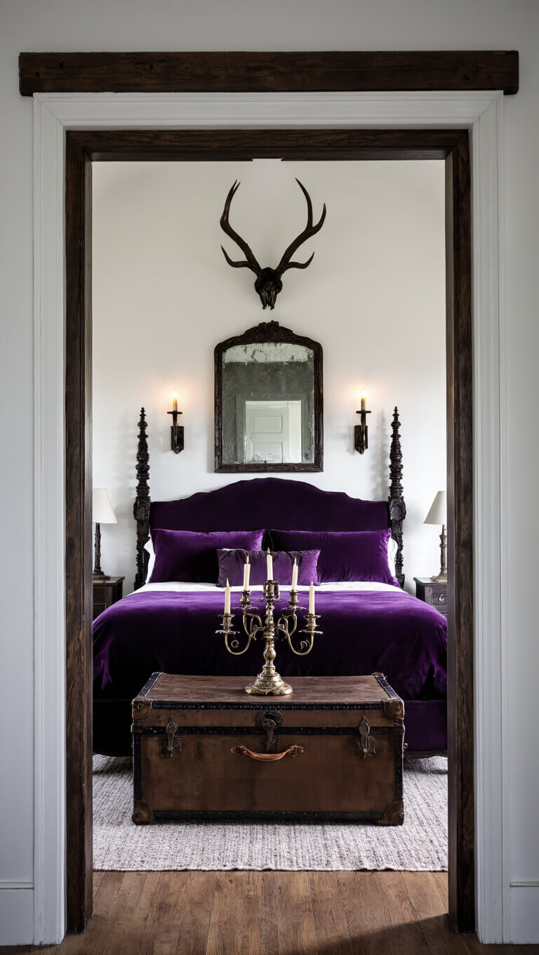 Dusk-lit 16x17ft gothic bedroom viewed through doorway, featuring dark wood bed with purple velvet and leather, antique trunk with bronze candelabra, mounted antlers above distressed mirror, and moody lighting from sconces and natural evening light.