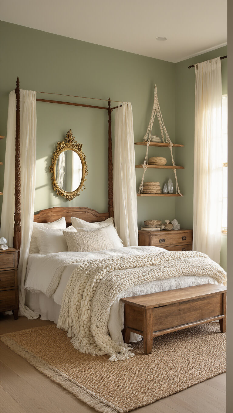 Golden hour bedroom with four-poster bed, ivory linens, sage green walls, brass mirror, and jute rug in soft natural light.