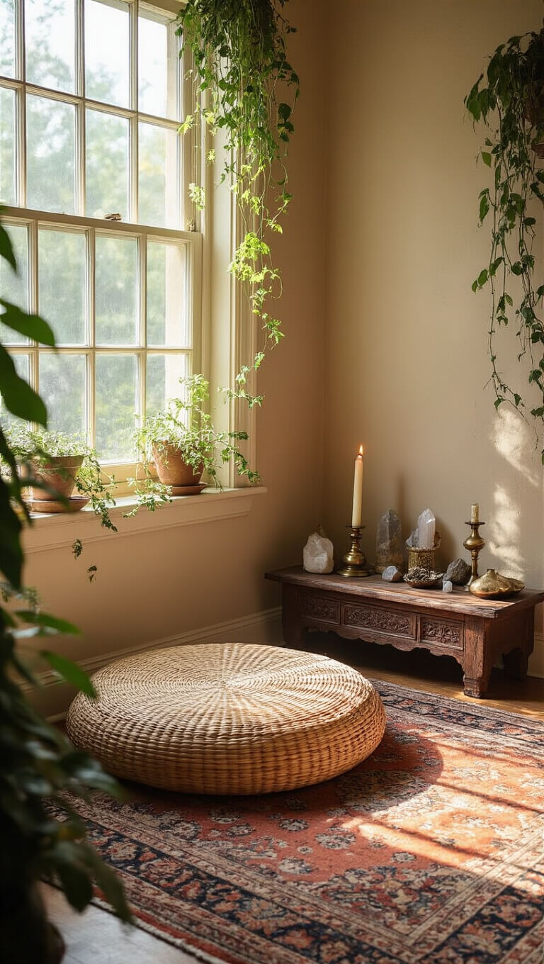 Meditation nook in sunlit bedroom corner with rattan cushion on Persian rug, wooden altar table with crystals and candles, framed by trailing plants and textured beige walls.