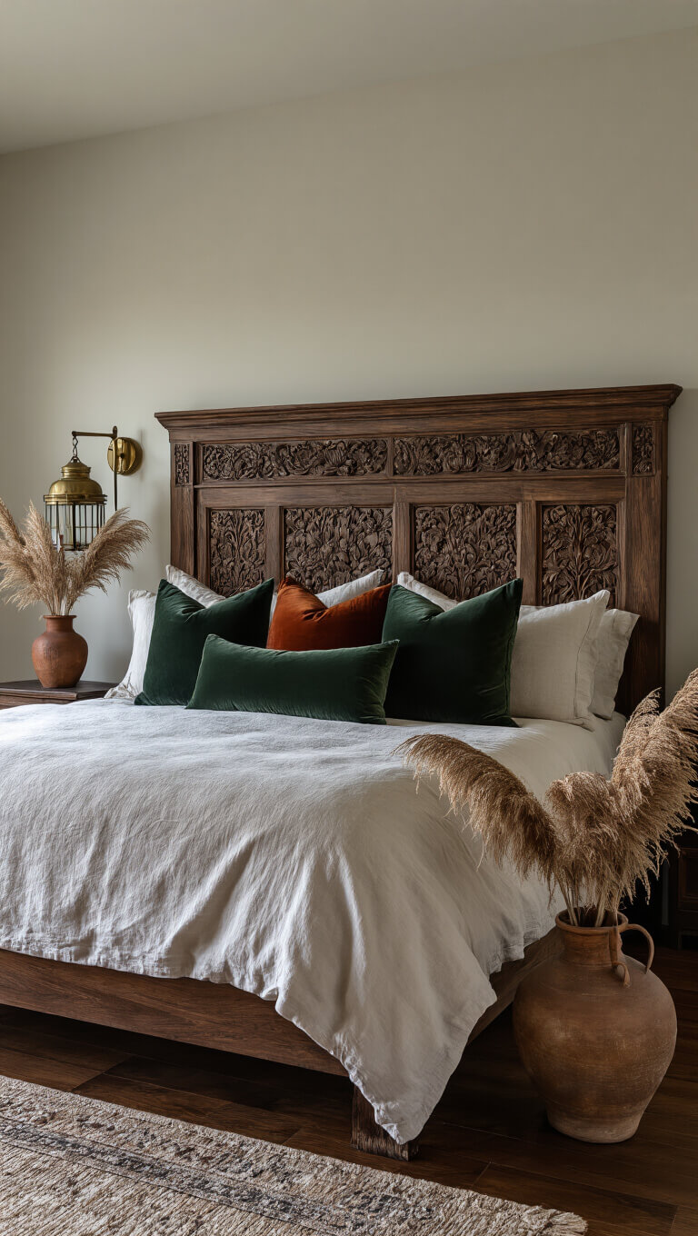 Low-angle view of a luxurious master bedroom at dusk featuring a dramatic king bed with a carved wooden headboard, velvet pillows in forest green, rust, and charcoal, flanked by vintage brass lanterns casting shadows, pampas grass in an earthenware vase, and rich walnut flooring.