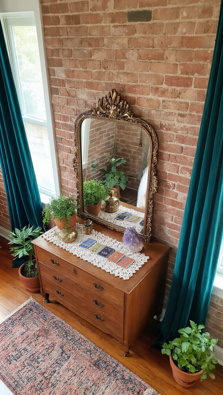 Bird's eye view of eclectic bedroom with vintage wooden dresser styled with crystals, tarot cards, brass decor on a crocheted doily, terracotta potted herbs, and an antiqued mirror triptych reflecting late afternoon light; exposed brick wall, deep teal velvet curtains, and overdyed rug on restored hardwood floors enhance the textured, collected aesthetic.