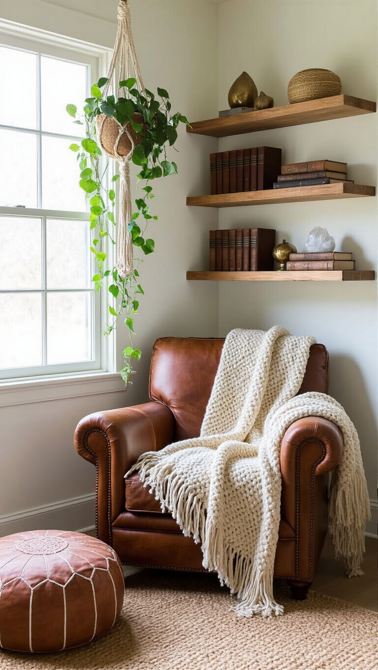 Cozy corner reading nook with vintage leather armchair, handwoven blanket, floating shelves of books and crystals, macramé plant hanger, and soft morning light.