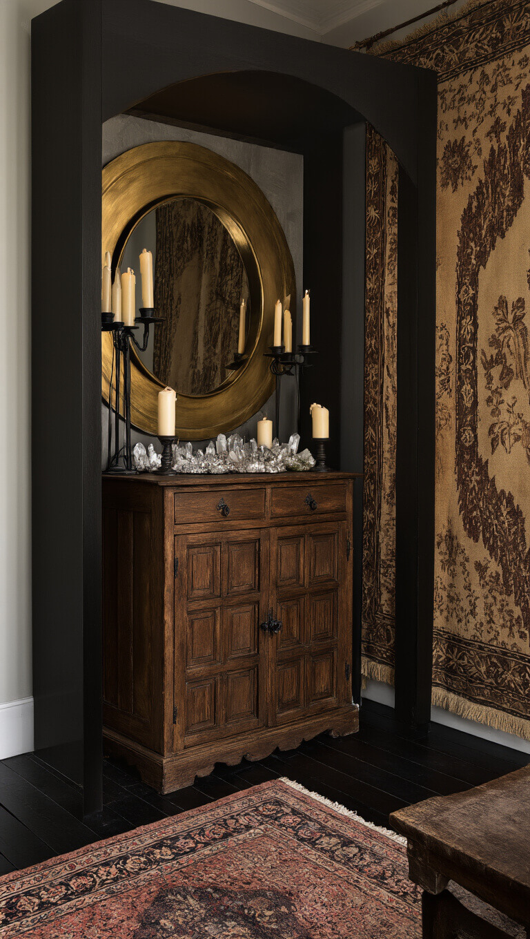 Vertical view of moody bedroom alcove with candlelit ritual space, crystal-filled antique cabinet, vintage tapestry, brass-framed mirror, and layered rugs on dark hardwood floor.
