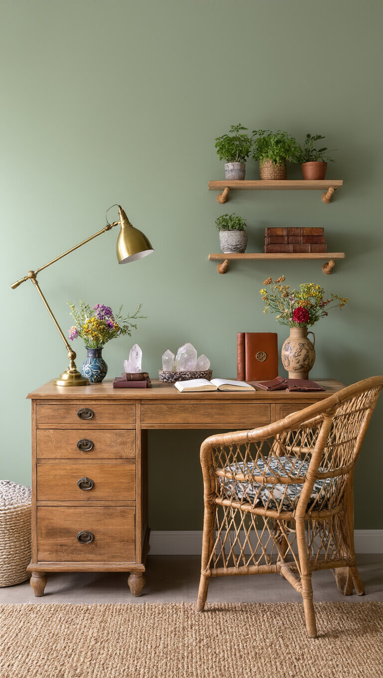 Vintage wooden desk in sunlit sage green bedroom workspace with brass lamp, crystals, dried flowers, journals, rattan peacock chair, and floating shelves with herbs and mystical objects.