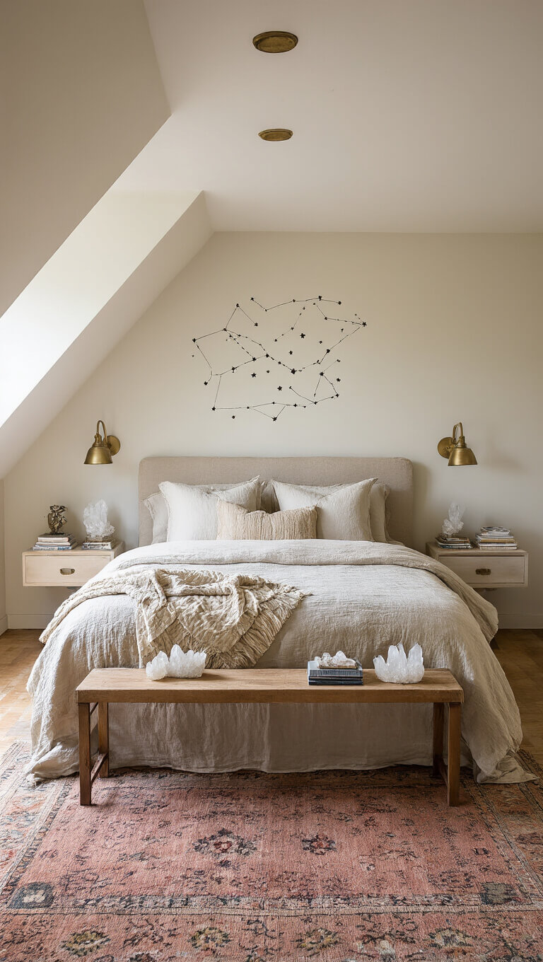 Cozy sloped-ceiling bedroom with bed under eaves, layered in linen and vintage quilts, constellation decal above headboard, brass-accented nightstands with crystals and books, muted Moroccan rug, and warm afternoon light.