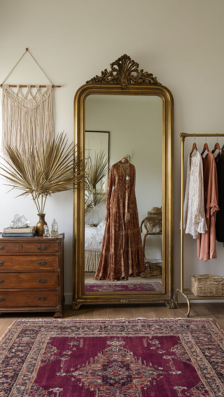 Bohemian-style dressing area with antique brass mirror, dried palm fronds, vintage chest with crystals, macramé wall hanging, jewel-toned overdyed runner, and brass clothing rack, softly lit in early evening.
