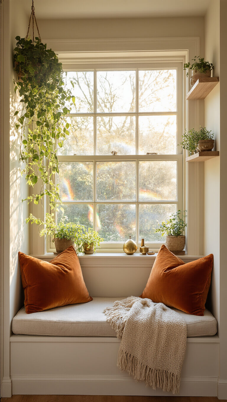 Cozy bedroom window seat at golden hour with vintage rust velvet and linen cushions, trailing plants, crystal prisms casting rainbows, floating shelves with brass decor and herbs, and a handwoven neutral throw in warm, dreamy light.