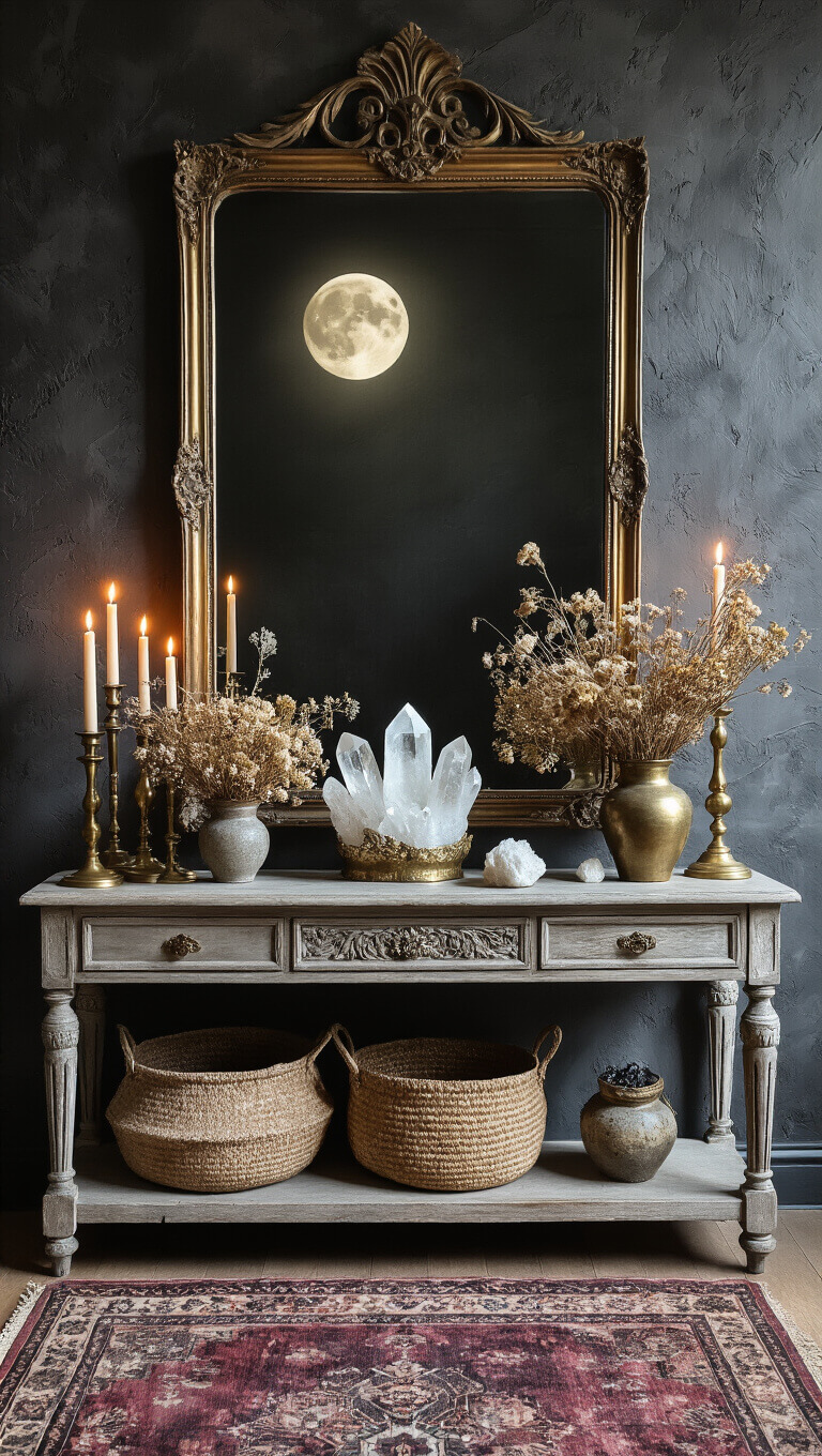 Moonlit bedroom with vintage altar setup featuring crystals, brass candleholders, dried flowers, and a large mirror reflecting candlelight against a textured charcoal wall.