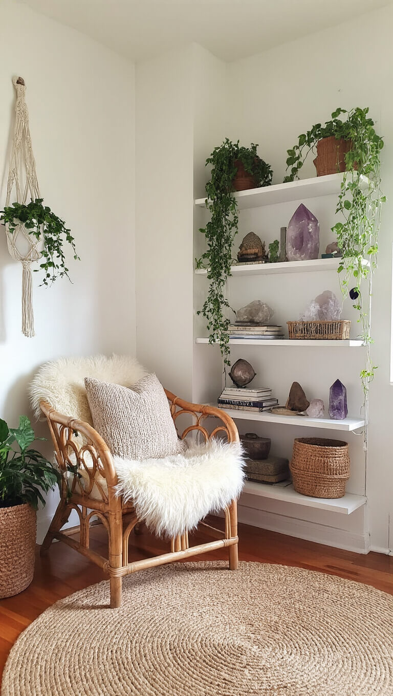 Vintage-inspired bedroom with bamboo chair, sheepskin, knit pillows, floor-to-ceiling bookshelf, plants, and soft morning light.
