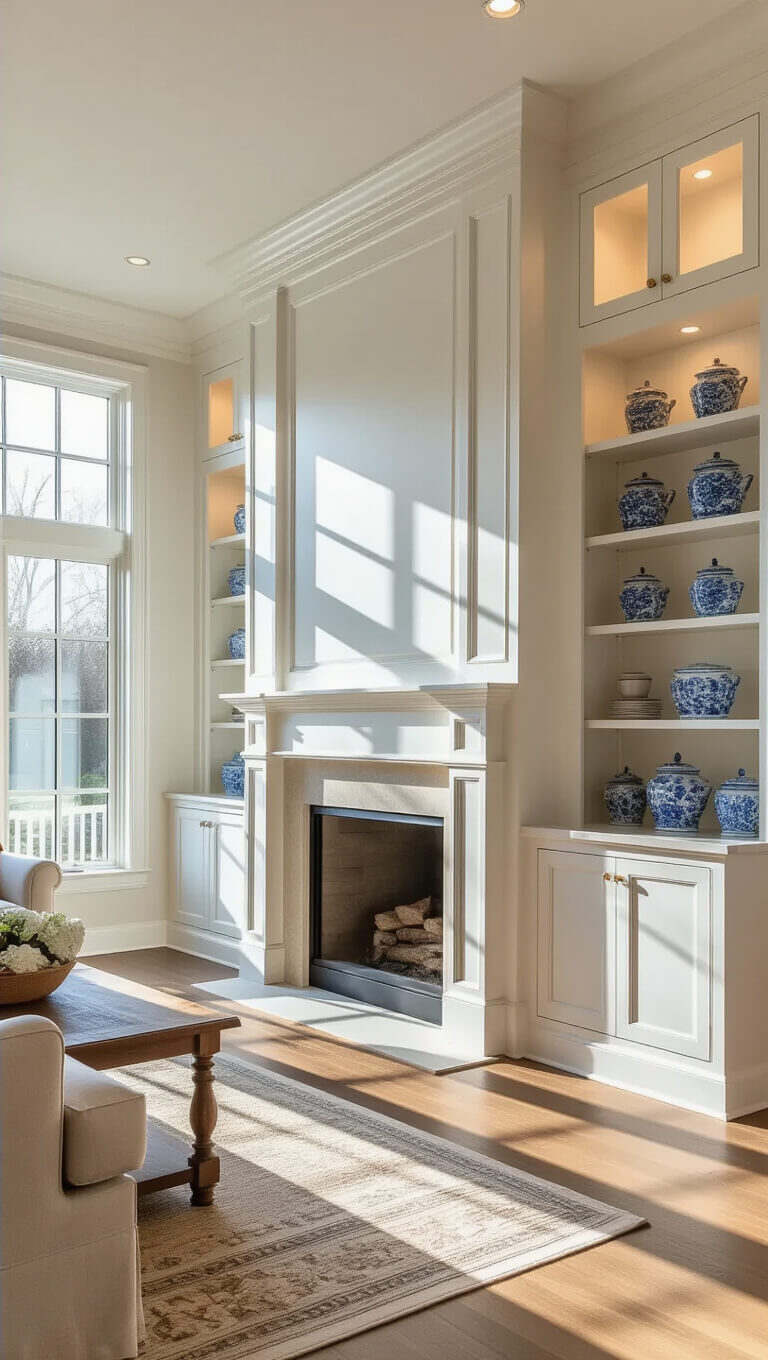 Warm traditional living room with white built-in cabinets, a limestone fireplace, wide-plank oak floors, and golden hour sunlight streaming through tall windows.