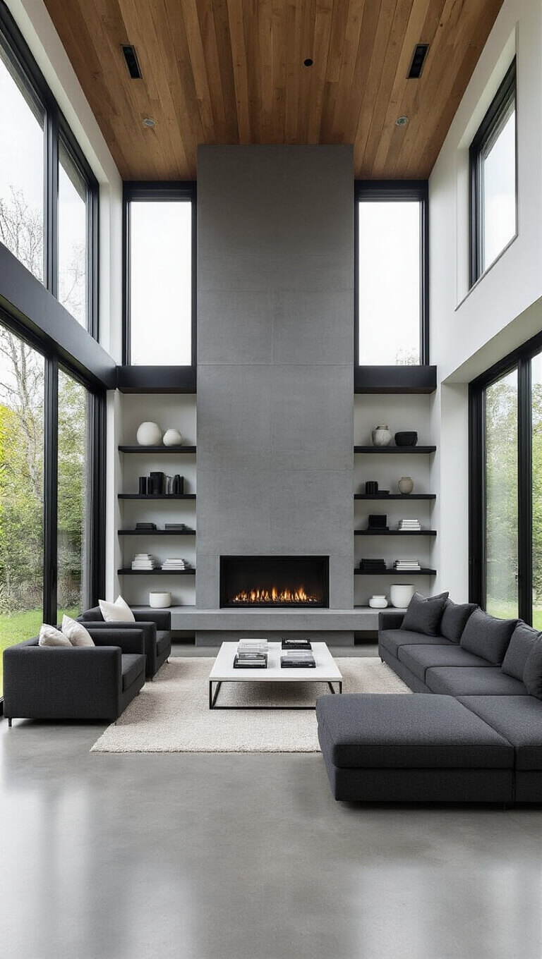 Modern minimalist great room with charcoal sectional, concrete floors, floor-to-ceiling windows, matte black shelves framing a linear fireplace, and curated ceramics.