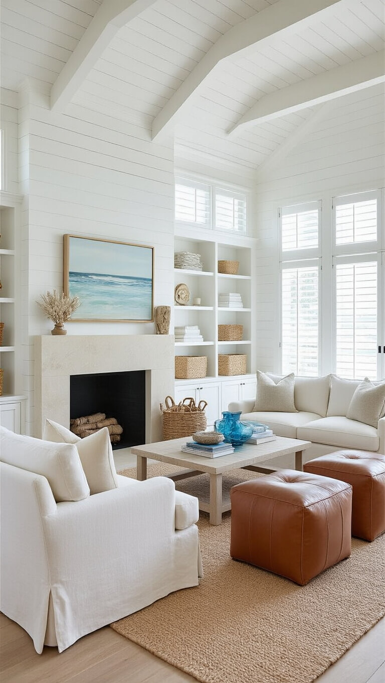 Bright coastal living room with vaulted whitewashed ceilings, limestone fireplace framed by white shiplap built-ins, cream slipcovered sofa, twin leather ottomans, and morning light streaming through plantation shutters.