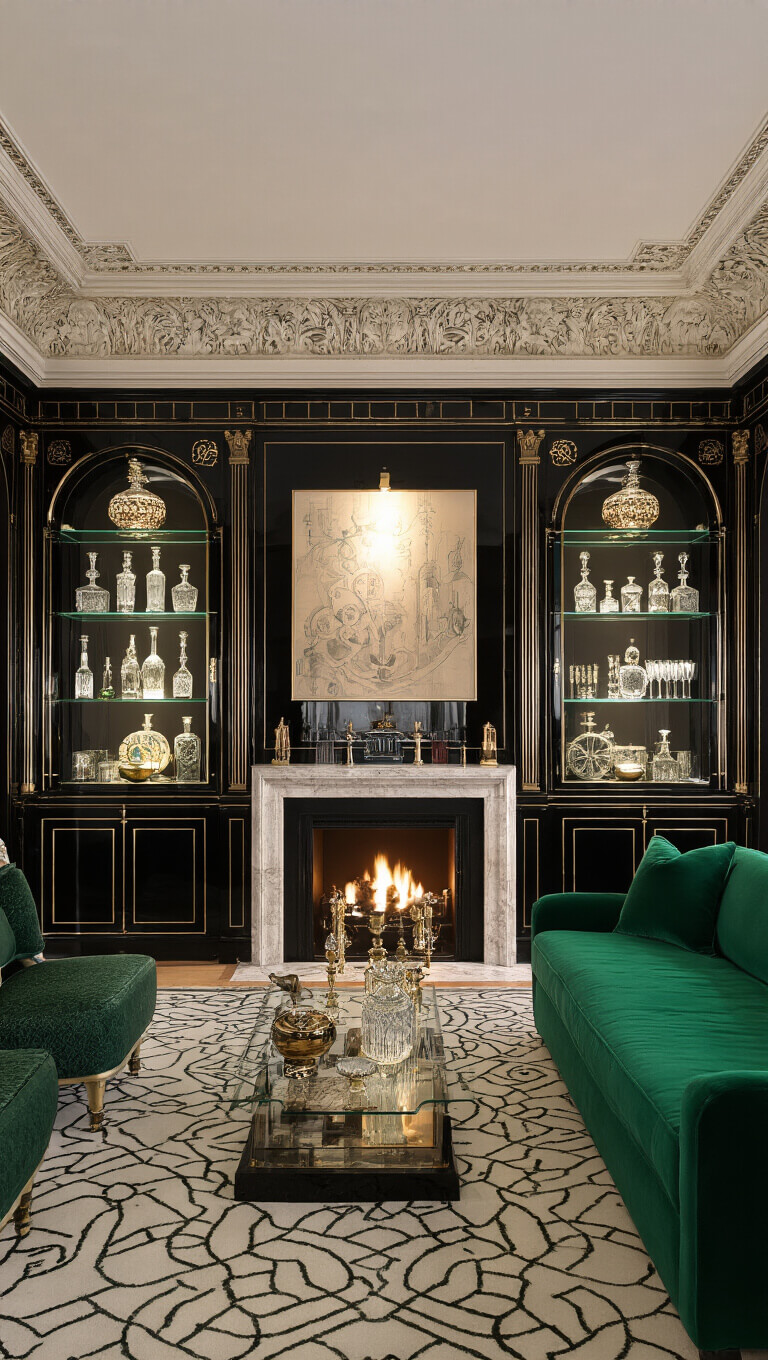Art Deco formal living room with emerald velvet sofa, black lacquer built-ins with brass inlay, marble fireplace, backlit glass shelves displaying vintage decanters, dramatic evening lighting highlighting 12-foot ornate ceilings.