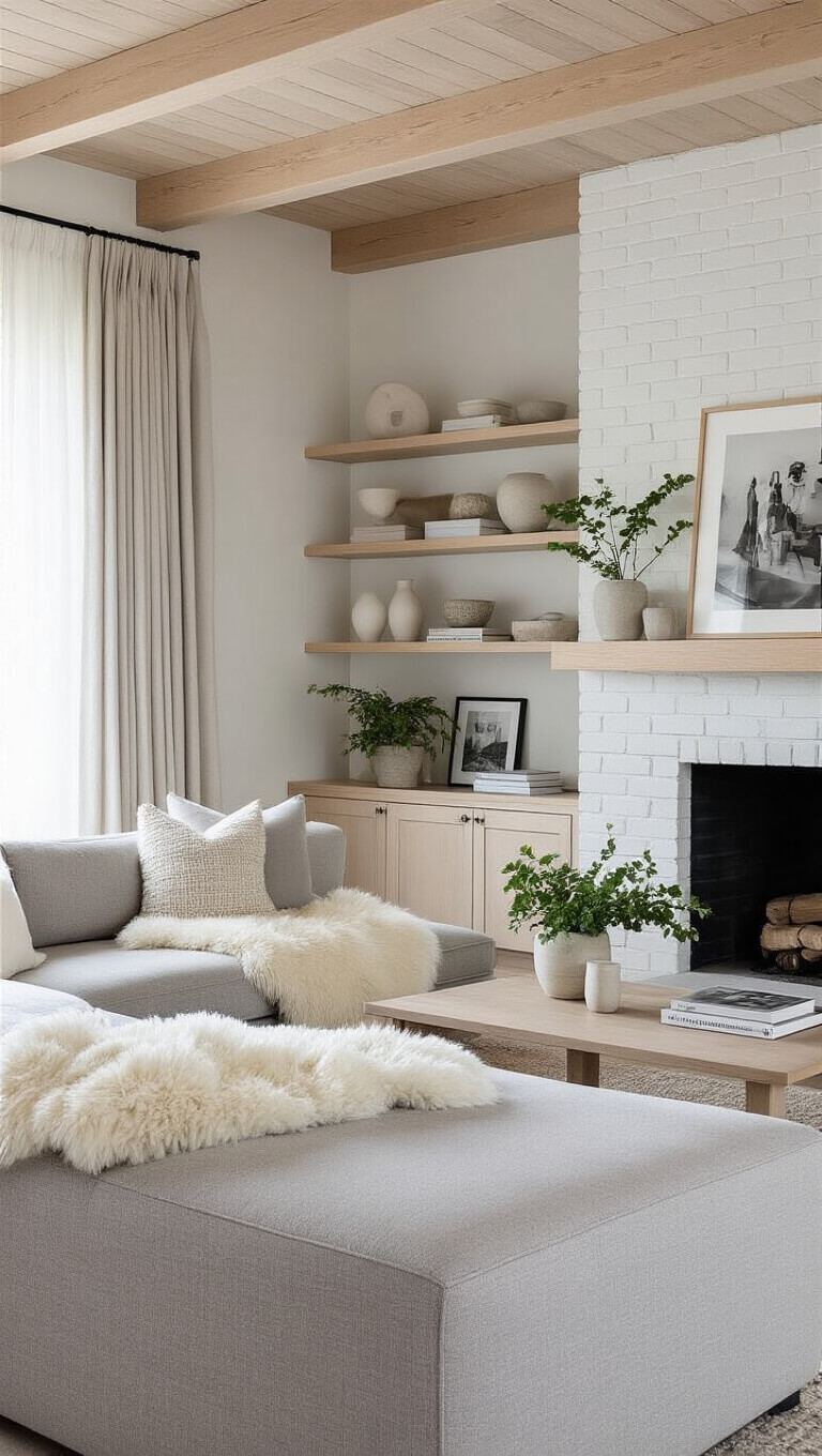 Scandinavian-modern family room with light wood beams, pale oak built-ins, white brick fireplace, gray sectional, and diffused daylight through sheer curtains.
