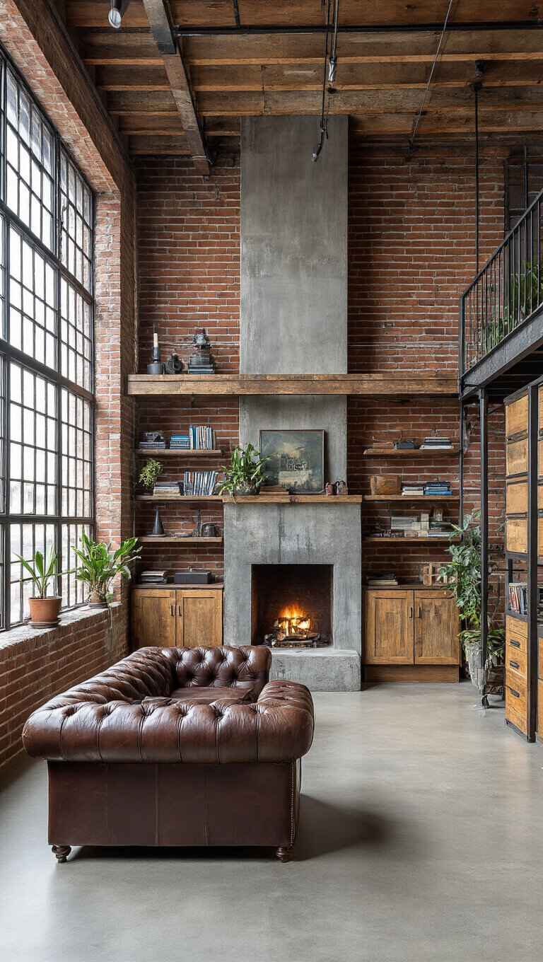 Industrial loft living room with exposed brick walls, tall ceilings, large factory windows, concrete fireplace, leather Chesterfield sofa, and mixed metal-wood shelving styled with vintage decor.