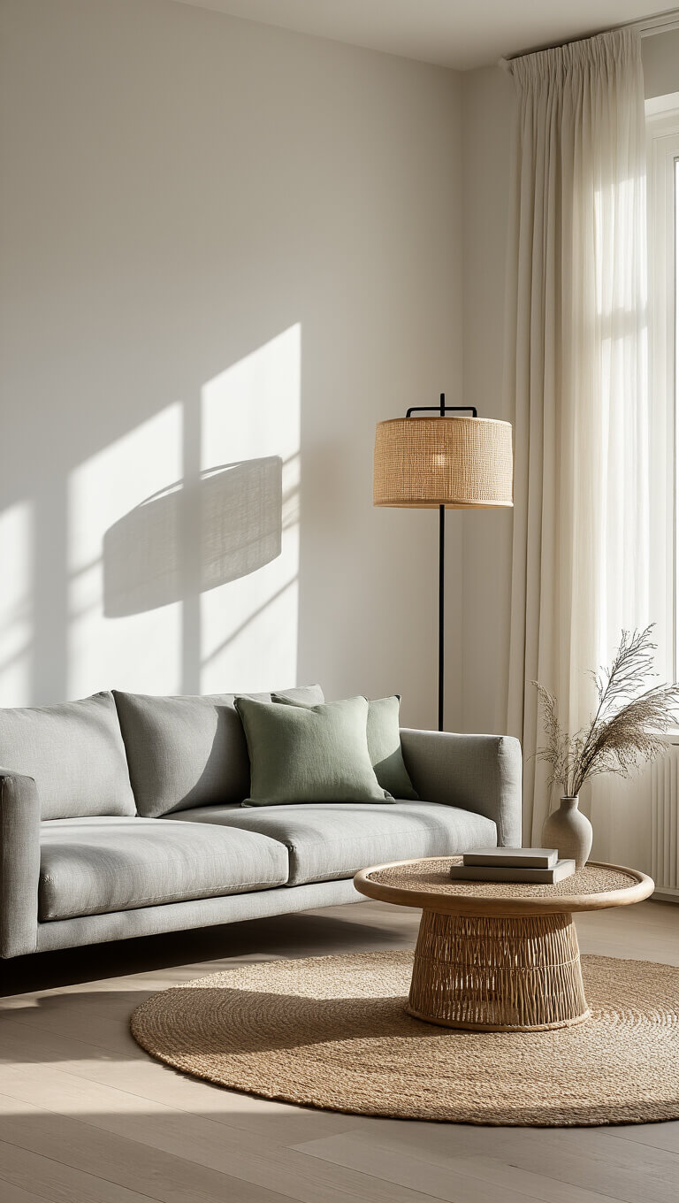Serene Japandi-style living room at golden hour with dramatic shadows, featuring a grey linen sofa, rattan coffee table, jute rug, and black metal floor lamp on pale oak floors.