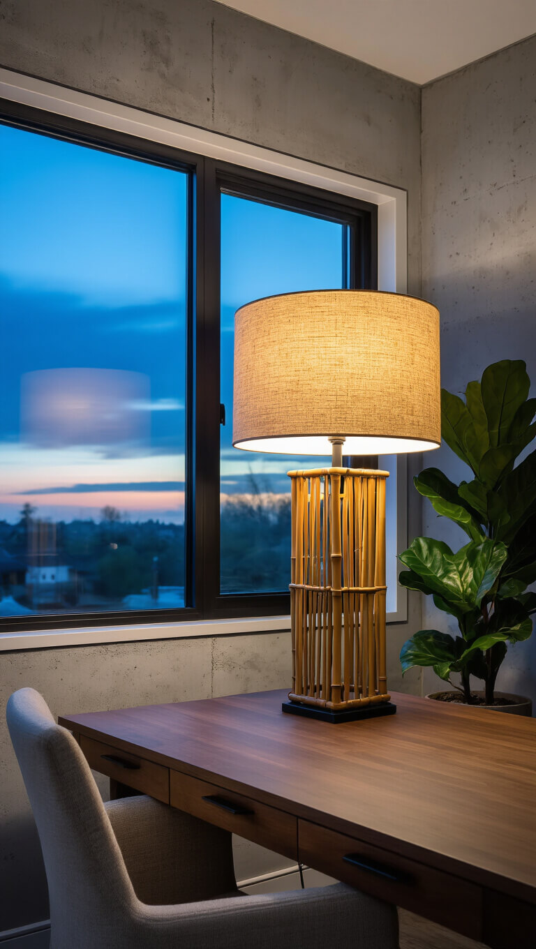 Cozy 12x12ft home office at blue hour with warm-lit bamboo lamp on walnut desk, large window showing twilight sky, concrete accent wall, and potted fiddle leaf fig.