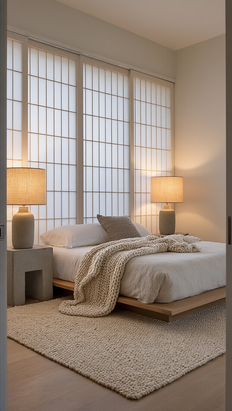 Tranquil 14x16ft bedroom at dusk with low platform bed, shoji screens, matching bedside lamps, and cozy textural decor.