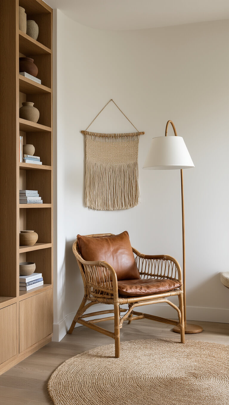 Modern 10x12ft reading nook with leather chair, rattan floor lamp, built-in oak shelves, and handwoven wall hanging in warm neutral tones.