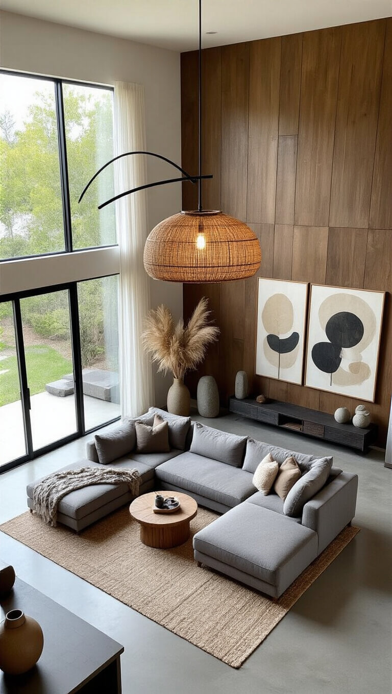 Minimalist 16x18ft great room with grey sectional, black arc lamp, bamboo shade, concrete floors, wood accent wall, and floor-to-ceiling windows in afternoon light.